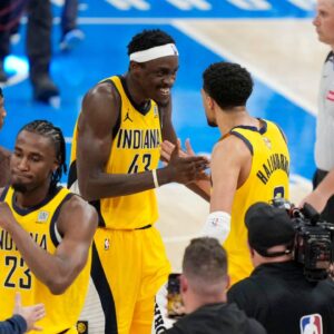 Indiana Pacers forward Pascal Siakam (43) celebrates with guard Tyrese Haliburton (0) after their win against the Oklahoma City Thunder in game one of the 2025 NBA Finals at Paycom Center.