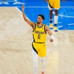 Jun 5, 2025; Oklahoma City, Oklahoma, USA; Indiana Pacers guard Tyrese Haliburton (0) reacts after a play against the Oklahoma City Thunder during the fourth quarter in game one of the 2025 NBA Finals at Paycom Center. Mandatory Credit: Kyle Terada-Imagn Images