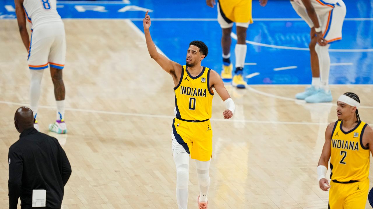 Jun 5, 2025; Oklahoma City, Oklahoma, USA; Indiana Pacers guard Tyrese Haliburton (0) reacts after a play against the Oklahoma City Thunder during the fourth quarter in game one of the 2025 NBA Finals at Paycom Center. Mandatory Credit: Kyle Terada-Imagn Images