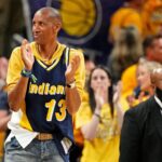Jun 11, 2025; Indianapolis, Indiana, USA; Former Indiana Pacers player Reggie Miller celebrates during the third quarter of the game between the Indiana Pacers and the Oklahoma City Thunder in game three of the 2025 NBA Finals at Gainbridge Fieldhouse.