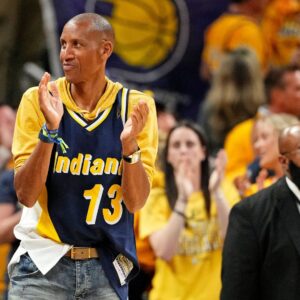 Jun 11, 2025; Indianapolis, Indiana, USA; Former Indiana Pacers player Reggie Miller celebrates during the third quarter of the game between the Indiana Pacers and the Oklahoma City Thunder in game three of the 2025 NBA Finals at Gainbridge Fieldhouse.