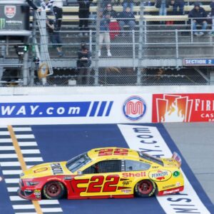 Monster Energy NASCAR Cup Series driver Joey Logano (22) takes the checkered flag for the win during the FireKeepers Casino 400 at Michigan International Speedway.