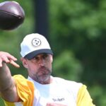Pittsburgh Steelers quarterback Aaron Rodgers (8) throws the ball during minicamp at their South Side facility.
