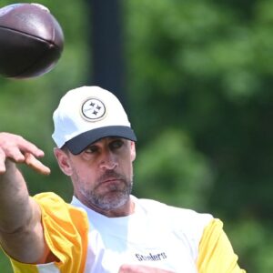 Pittsburgh Steelers quarterback Aaron Rodgers (8) throws the ball during minicamp at their South Side facility.