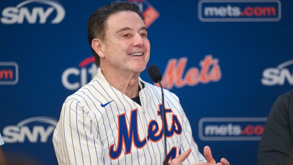 Apr 9, 2025; New York City, New York, USA; St. Johnís mens basketball head coach Rick Pitino speaks at a press conference before a pregame ceremony honoring the team at a game between the New York Mets and the Miami Marlins at Citi Field.