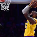 Los Angeles Lakers forward LeBron James (23) moves in for the dunk against the Minnesota Timberwolves during the second half in game five of first round for the 2025 NBA Playoffs at Crypto.com Arena.