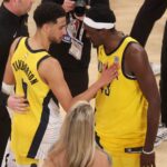 May 23, 2025; New York, New York, USA; Indiana Pacers guard Tyrese Haliburton (0) and forward Pascal Siakam (43) embrace after defeating the New York Knicks in game two of the eastern conference finals for the 2025 NBA Playoffs at Madison Square Garden.