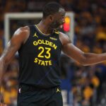 Golden State Warriors forward Draymond Green (23) reacts after a play against the Houston Rockets in the second quarter of game six of the first round for the 2025 NBA Playoffs at Chase Center.