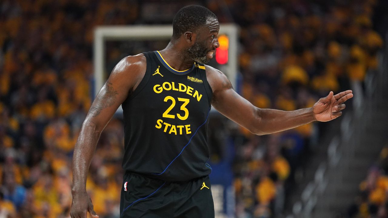 Golden State Warriors forward Draymond Green (23) reacts after a play against the Houston Rockets in the second quarter of game six of the first round for the 2025 NBA Playoffs at Chase Center.