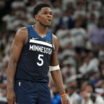 Minnesota Timberwolves guard Anthony Edwards (5) reacts against the Oklahoma City Thunder in the first half during game four of the western conference finals for the 2025 NBA Playoffs at Target Center.