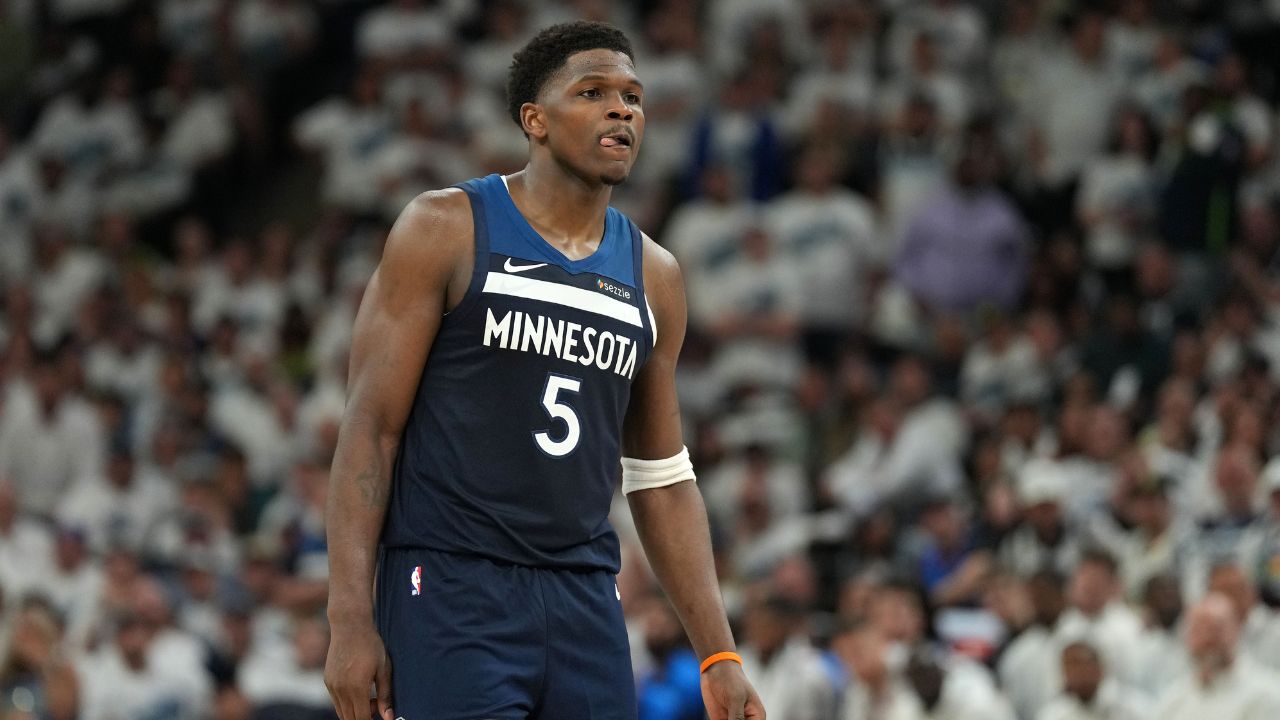 Minnesota Timberwolves guard Anthony Edwards (5) reacts against the Oklahoma City Thunder in the first half during game four of the western conference finals for the 2025 NBA Playoffs at Target Center.