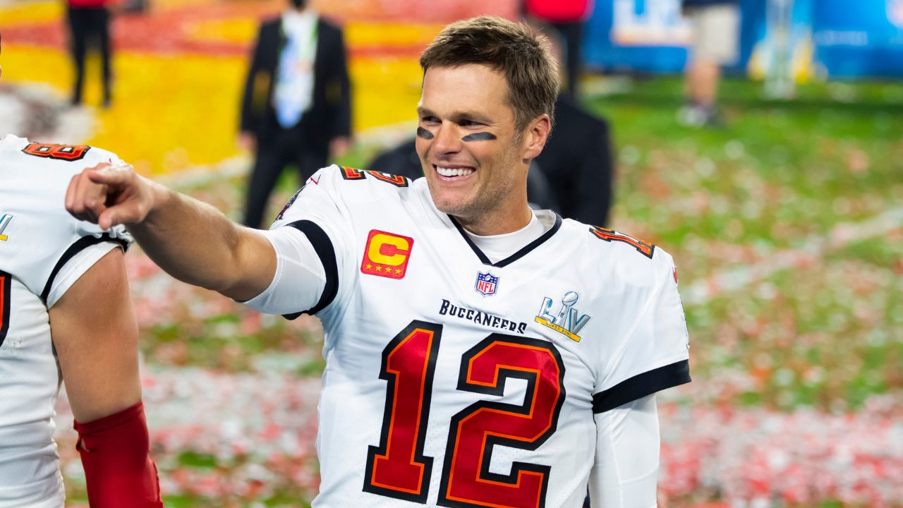 Tampa Bay Buccaneers quarterback Tom Brady (12) celebrates after beating the Kansas City Chiefs in Super Bowl LV at Raymond James Stadium.