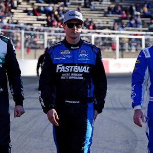 NASCAR Cup Series driver Brad Keselowski (6), NASCAR Cup Series driver Ryan Preece (60) and NASCAR Cup Series driver Chris Buescher (17) walk the track before practice for the Clash at Bowman Gray at Bowman Gray Stadium.
