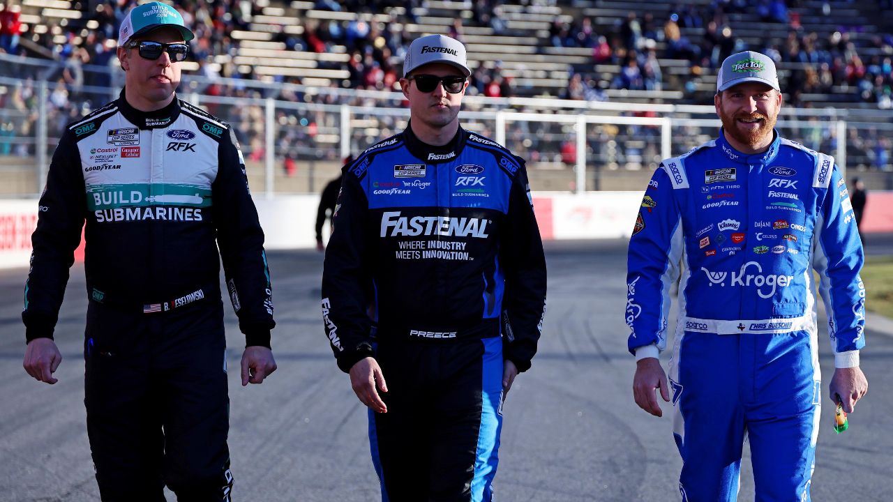 NASCAR Cup Series driver Brad Keselowski (6), NASCAR Cup Series driver Ryan Preece (60) and NASCAR Cup Series driver Chris Buescher (17) walk the track before practice for the Clash at Bowman Gray at Bowman Gray Stadium.