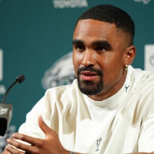 Philadelphia Eagles quarterback Jalen Hurts (1) addresses media during a press conference at NovaCare Complex.