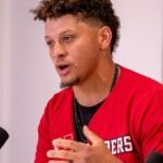Texas Tech alum and Kansas City Chiefs quarterback Patrick Mahomes attends a press conference at Jones AT&T Stadium, Friday, Aug. 23, 2024.