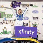 NASCAR Xfinity Series driver Justin Allgaier celebrates after winning the Tennessee Lottery 250 at Nashville Superspeedway in Lebanon, Tenn.