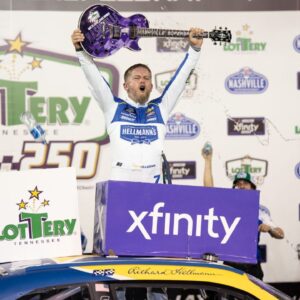 NASCAR Xfinity Series driver Justin Allgaier celebrates after winning the Tennessee Lottery 250 at Nashville Superspeedway in Lebanon, Tenn.