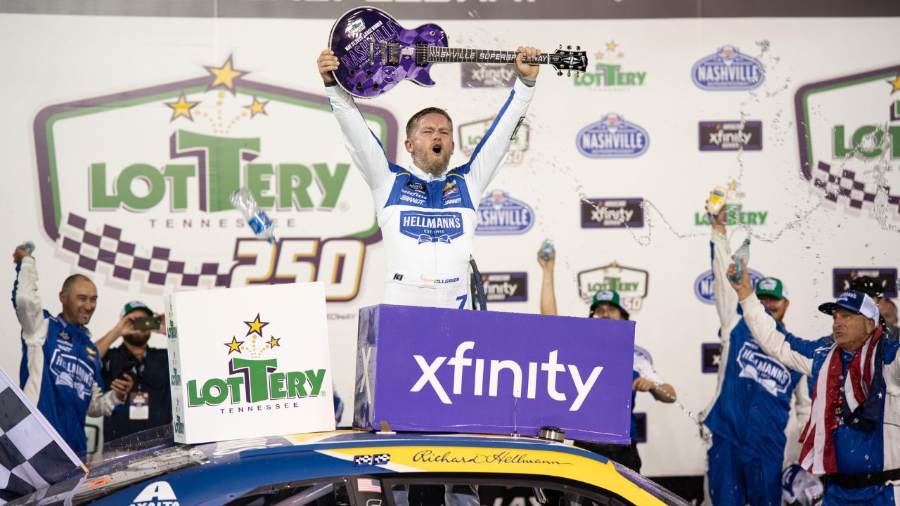 NASCAR Xfinity Series driver Justin Allgaier celebrates after winning the Tennessee Lottery 250 at Nashville Superspeedway in Lebanon, Tenn.