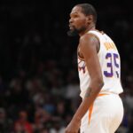 Mar 19, 2025; Phoenix, Arizona, USA; Phoenix Suns forward Kevin Durant (35) looks on against the Chicago Bulls during the second half at PHX Aena.