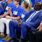 Former NBA player Shaquille O'Neal watches the game between the Oklahoma City Thunder and the Indiana Pacers during the second quarter of game two of the 2025 NBA Finals at Paycom Center.