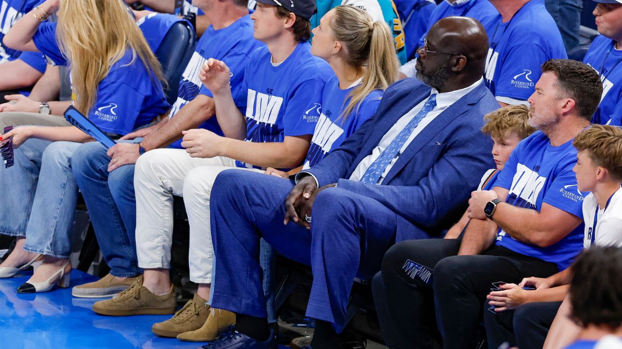 Former NBA player Shaquille O'Neal watches the game between the Oklahoma City Thunder and the Indiana Pacers during the second quarter of game two of the 2025 NBA Finals at Paycom Center.