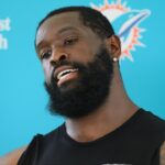 Miami Dolphins offensive tackle Terron Armstead (72) talks to reporters after joint practice with the Washington Commanders at Baptist Health Training Complex.