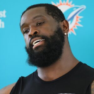 Miami Dolphins offensive tackle Terron Armstead (72) talks to reporters after joint practice with the Washington Commanders at Baptist Health Training Complex.