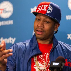 Apr 8, 2016; Philadelphia, PA, USA; Philadelphia 76ers legend Allen Iverson talks about his selection for enshrinement in the Naismith Memorial Basketball Hall of Fame as a member of the Class of 2016 during a press conference at Wells Fargo Center