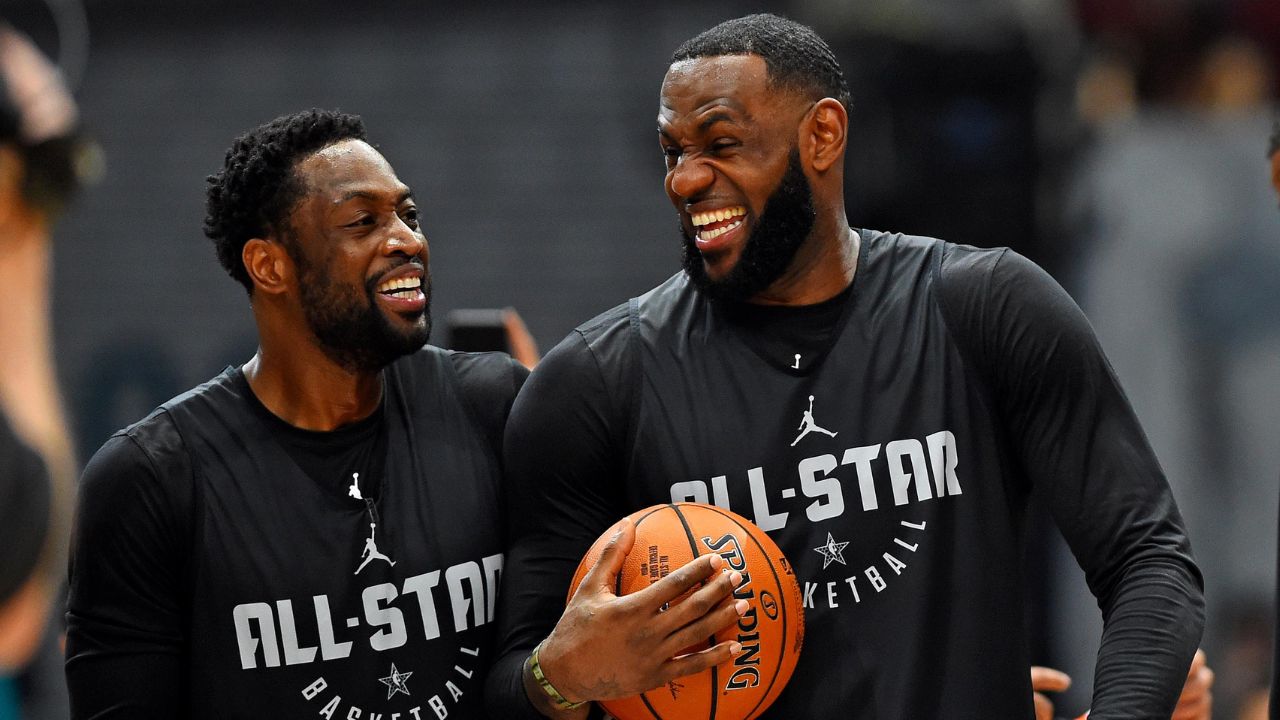 Team Lebron forward Lebron James of the Los Angeles Lakers (23) and Team Lebron guard Dwayne Wade of the Miami Heat (3) during NBA All-Star Game practice at the Bojangles Coliseum.