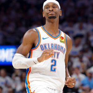 Jun 5, 2025; Oklahoma City, Oklahoma, USA; Oklahoma City Thunder guard Shai Gilgeous-Alexander (2) reacts to making a basket against the Indiana Pacers during the third quarter during game one of the 2025 NBA Finals at Paycom Center.
