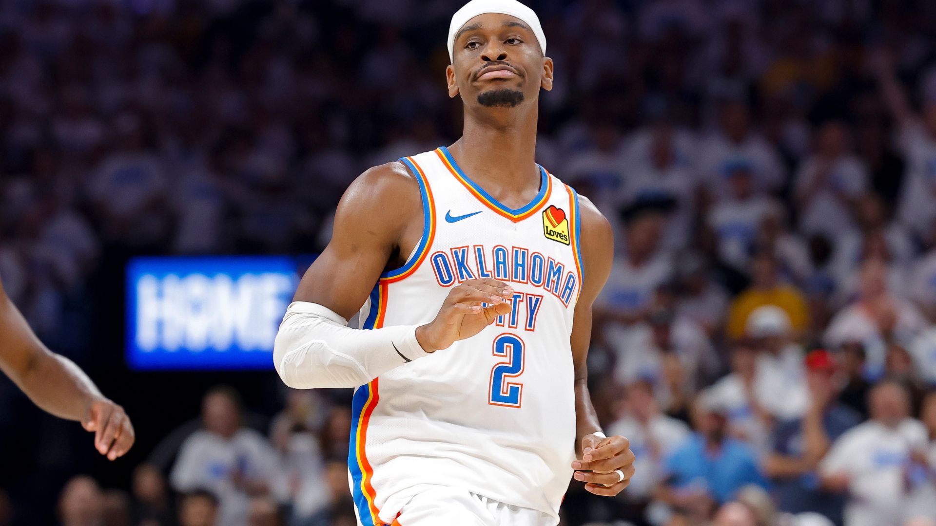 Jun 5, 2025; Oklahoma City, Oklahoma, USA; Oklahoma City Thunder guard Shai Gilgeous-Alexander (2) reacts to making a basket against the Indiana Pacers during the third quarter during game one of the 2025 NBA Finals at Paycom Center.