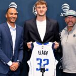 (from left) Dallas Mavericks general manager Nico Harrison and Mavericks first overall pick Cooper Flagg and head coach Jason Kidd pose for a photo at the Dallas Mavericks Practice Facility.