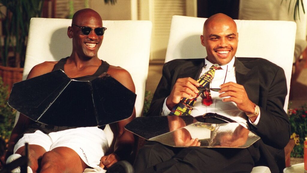 NBA superstars Michael Jordan (left) and Charles Barkley during the filming of a Nike shoe commercial at the Arizona Biltmore.