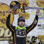 NASCAR Cup Series driver Ryan Blaney (12) wins the Cracker Barrel 400 at Nashville Superspeedway.