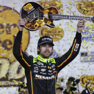 NASCAR Cup Series driver Ryan Blaney (12) wins the Cracker Barrel 400 at Nashville Superspeedway.