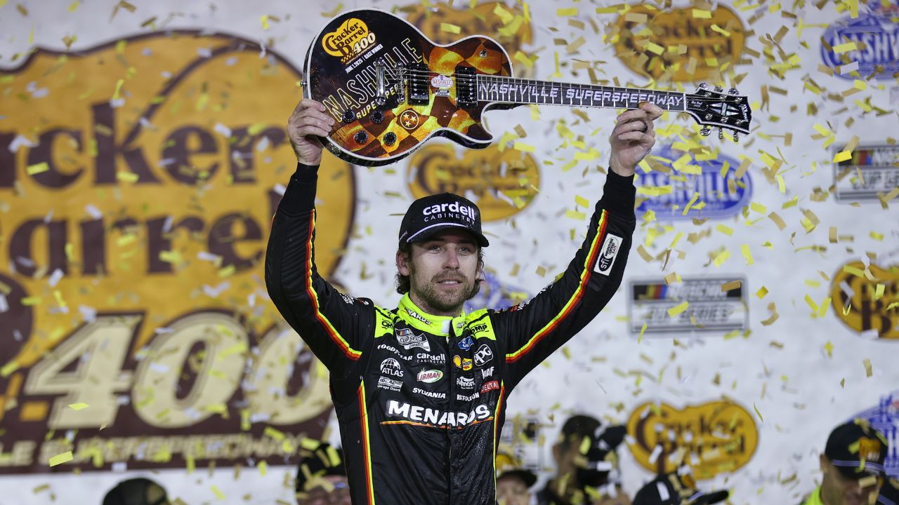 NASCAR Cup Series driver Ryan Blaney (12) wins the Cracker Barrel 400 at Nashville Superspeedway.