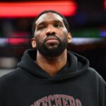 Philadelphia 76ers center Joel Embiid looks on after the game against the Milwaukee Bucks at Wells Fargo Center.