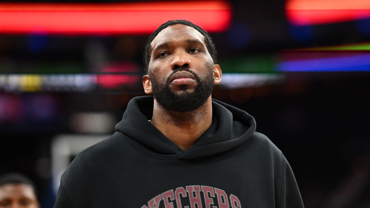 Philadelphia 76ers center Joel Embiid looks on after the game against the Milwaukee Bucks at Wells Fargo Center.