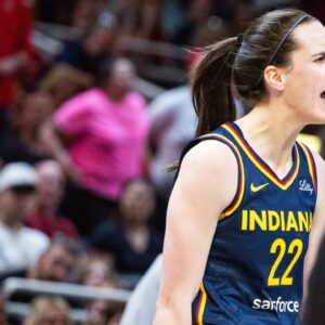 Jun 17, 2025; Indianapolis, Indiana, USA; Indiana Fever guard Caitlin Clark (22) celebrates in the second half against the Connecticut Sun at Gainbridge Fieldhouse. Mandatory Credit: Trevor Ruszkowski-Imagn Images