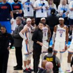Jun 5, 2025; Oklahoma City, Oklahoma, USA; The Oklahoma City Thunder during a timeout during the fourth quarter in game one of the 2025 NBA Finals against the Indiana Pacers at Paycom Center.