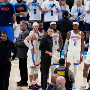 Jun 5, 2025; Oklahoma City, Oklahoma, USA; The Oklahoma City Thunder during a timeout during the fourth quarter in game one of the 2025 NBA Finals against the Indiana Pacers at Paycom Center.