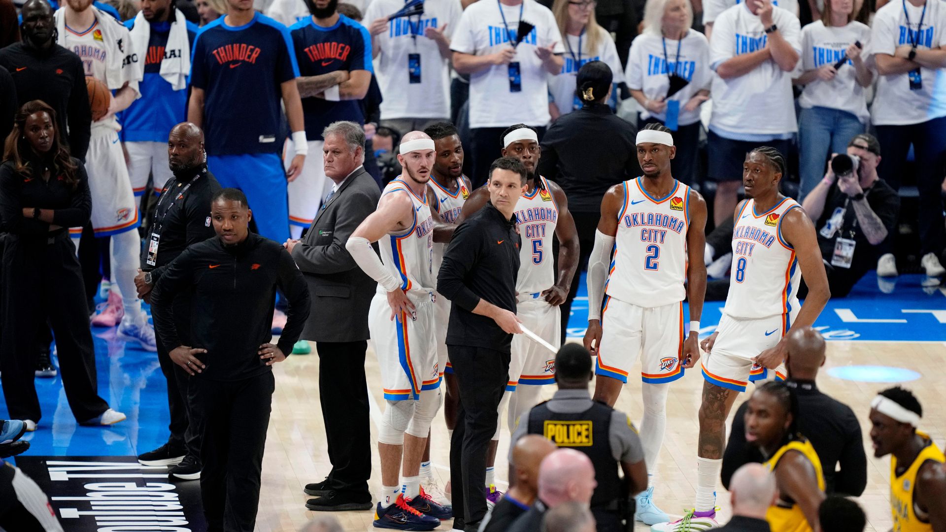 Jun 5, 2025; Oklahoma City, Oklahoma, USA; The Oklahoma City Thunder during a timeout during the fourth quarter in game one of the 2025 NBA Finals against the Indiana Pacers at Paycom Center.