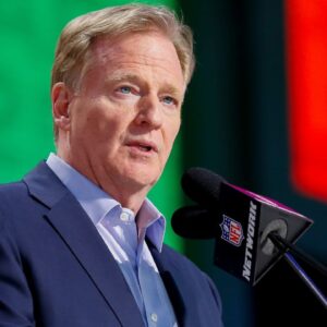NFL Commissioner Roger Goodell welcomes fans to the 2025 NFL Draft before the first round on Thursday, April 24, 2025, at Lambeau Field in Green Bay, Wisconsin. The draft runs through April 26.