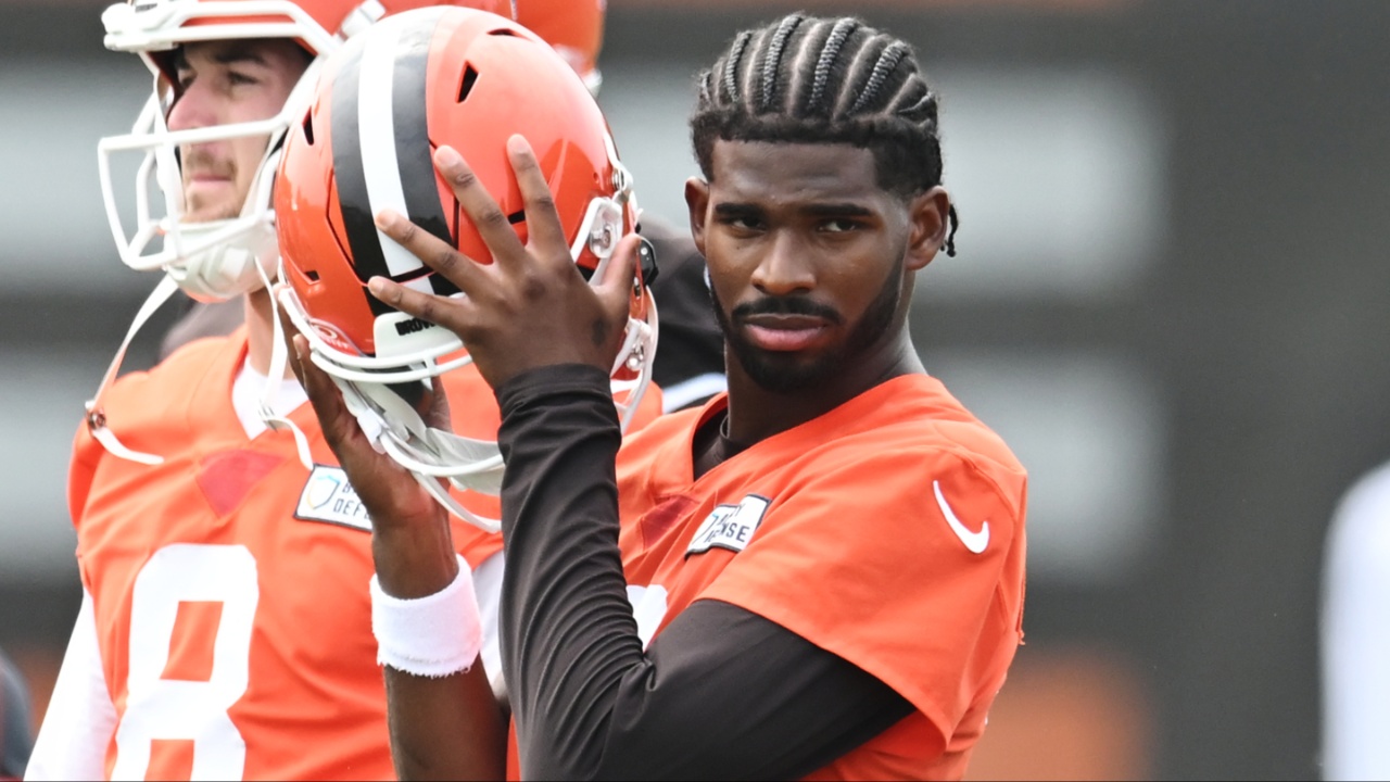 Cleveland Browns quarterback Shedeur Sanders (12) listens to a play call during mini camp at CrossCountry Mortgage Campus.