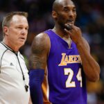 Mar 2, 2016; Denver, CO, USA; Los Angeles Lakers forward Kobe Bryant (24) talks with referee Bill Spooner (22) in the first quarter of the game against the Denver Nuggets at the Pepsi Center. | Credits- Isaiah J. Downing-Imagn Images
