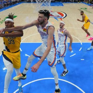 Jun 16, 2025; Oklahoma City, Oklahoma, USA; Indiana Pacers center Myles Turner (33) battles Oklahoma City Thunder forward Chet Holmgren (7) for the rebound during the first half during game five of the 2025 NBA Finals at Paycom Center. Mandatory Credit: Nate Billings/Pool Photo via Imagn Images