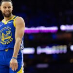 Mar 1, 2025; Philadelphia, Pennsylvania, USA; Golden State Warriors guard Stephen Curry (30) reacts during the second quarter against the Philadelphia 76ers at Wells Fargo Center