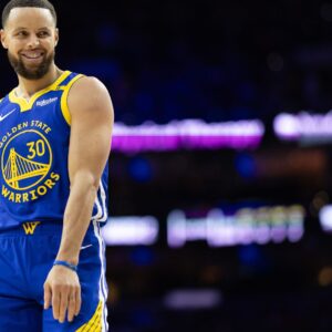 Mar 1, 2025; Philadelphia, Pennsylvania, USA; Golden State Warriors guard Stephen Curry (30) reacts during the second quarter against the Philadelphia 76ers at Wells Fargo Center