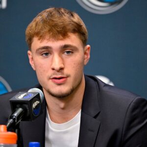 Jun 27, 2025; Dallas, TX, USA; Dallas Mavericks first overall pick Cooper Flagg speaks to the media during a press conference at the Dallas Mavericks Practice Facility.